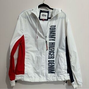 Vintage Tommy Hilfiger Women's Small Hooded Windbreaker Denim Colorblock BlueRed